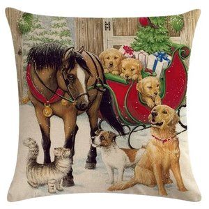 NEW CHRISTMAS DECOR FARM ANIMALS SLEIGH DECORATIVE LINEN BLEND PILLOW COVER 18"
